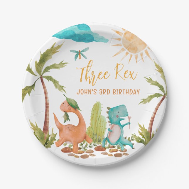 Dinosaur Three Rex Birthday Party Paper Plates (Front)