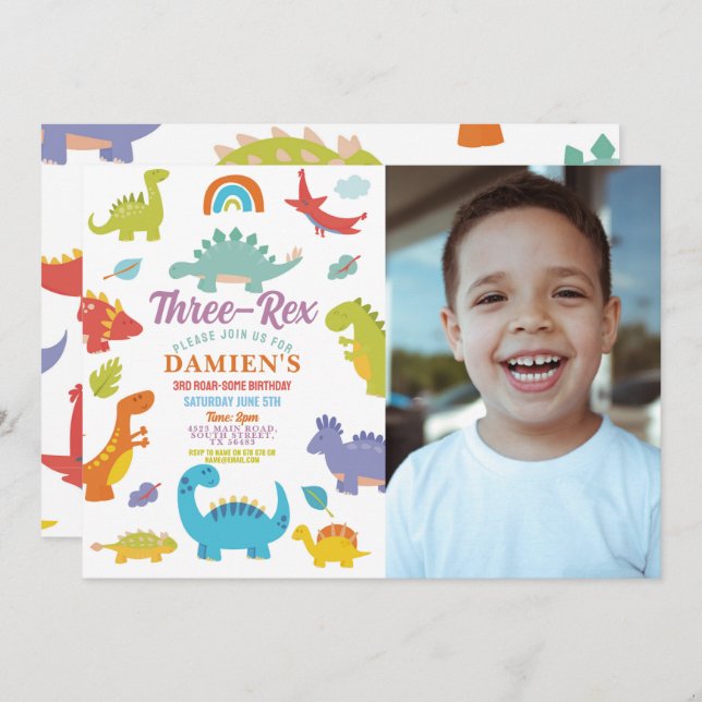 Dinosaur Three Rex Cute Boys Party Photo Invitation (Front/Back)