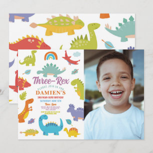 Dinosaur Three Rex Cute Boys Party Photo Invitation