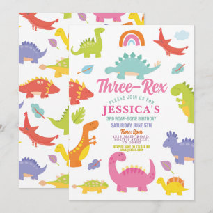Dinosaur Three Rex Cute Girls Pink Party Invitation