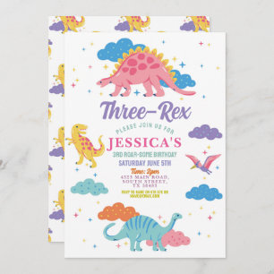 Dinosaur Three Rex Cute Girls Pink Party Invitation