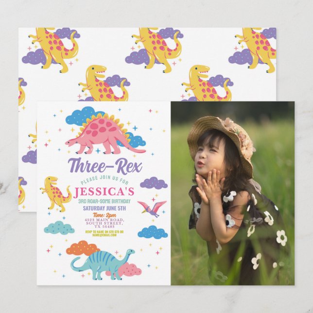 Dinosaur Three Rex Cute Girls Pink Party Photo Invitation (Front/Back)