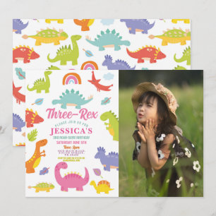 Dinosaur Three Rex Cute Girls Pink Party Photo Invitation
