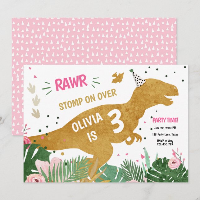 Dinosaur Three-Rex Dino Girl Pink Gold Birthday Invitation (Front/Back)