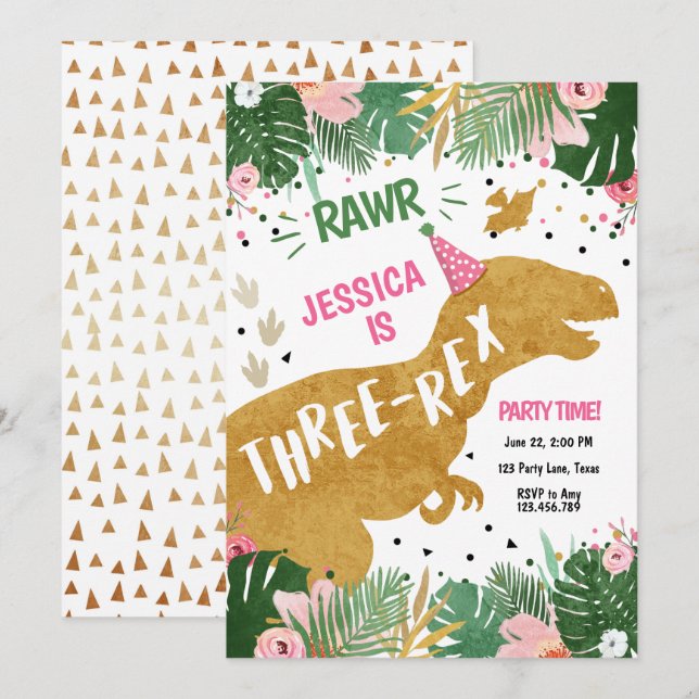 Dinosaur Three-Rex Dino Girl Pink Gold Birthday Invitation (Front/Back)