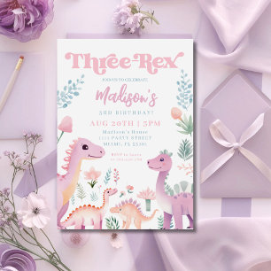Dinosaur Three Rex Girl Pink 3rd Birthday Party Invitation