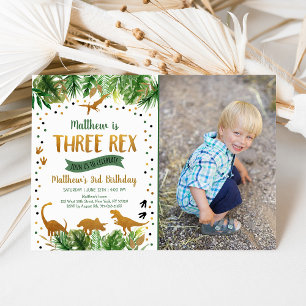 Dinosaur Three Rex Greenery Birthday Invitation