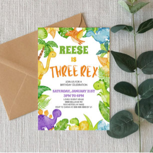 Dinosaur Three Rex T-Rex 3rd Third Birthday Party  Invitation