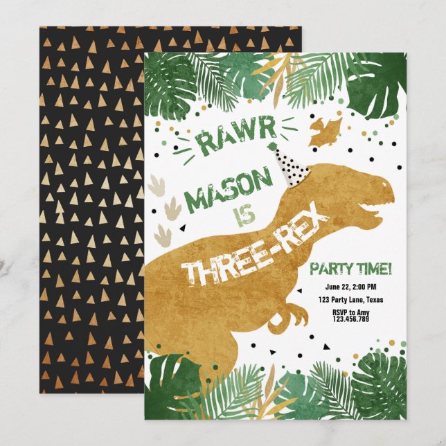 Dinosaur Three-Rex T-Rex RAWR Gold Boy Birthday Invitation (Front/Back)
