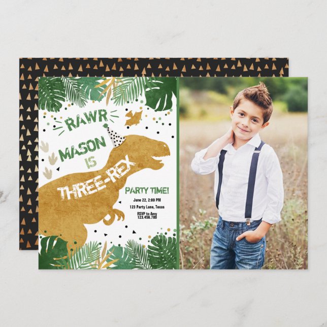 Dinosaur Three-Rex T-Rex RAWR Gold Boy Birthday Invitation (Front/Back)
