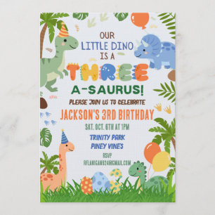 Dinosaur Three Third Birthday Party Invitation