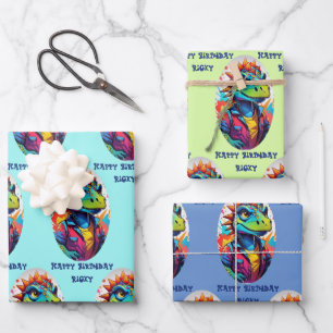 Dinosaur Tough Kid Add Name 3 Birthday Wrapping Paper Sheet