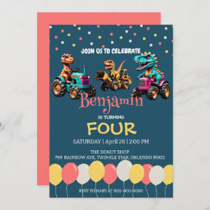 Dinosaur tractor truck balloon School Birthday  Invitation