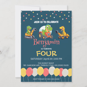 Dinosaur tractor truck balloon School Birthday Invitation