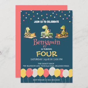 Dinosaur tractor truck balloon School Birthday Invitation