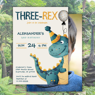 Dinosaur Trex Three Rex 3rd Birthday Party Photo Invitation