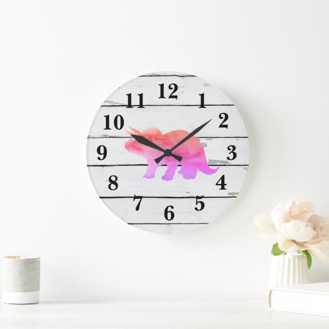 Dinosaur Triceratops Decor Rustic Shiplap Large Clock (Home)