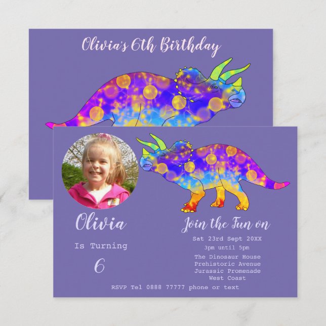 Dinosaur Triceratops Girls Birthday Purple Photo I Invitation (Front/Back)