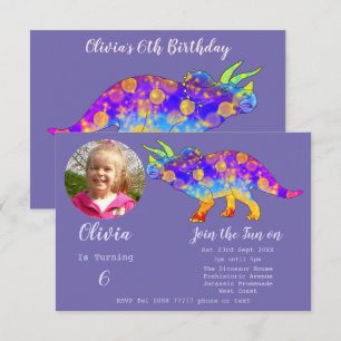 Dinosaur Triceratops Girls Birthday Purple Photo I Invitation