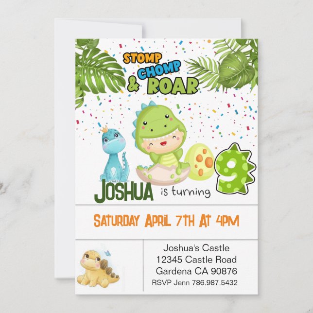 Dinosaur turning nine birthday invitation (Front)