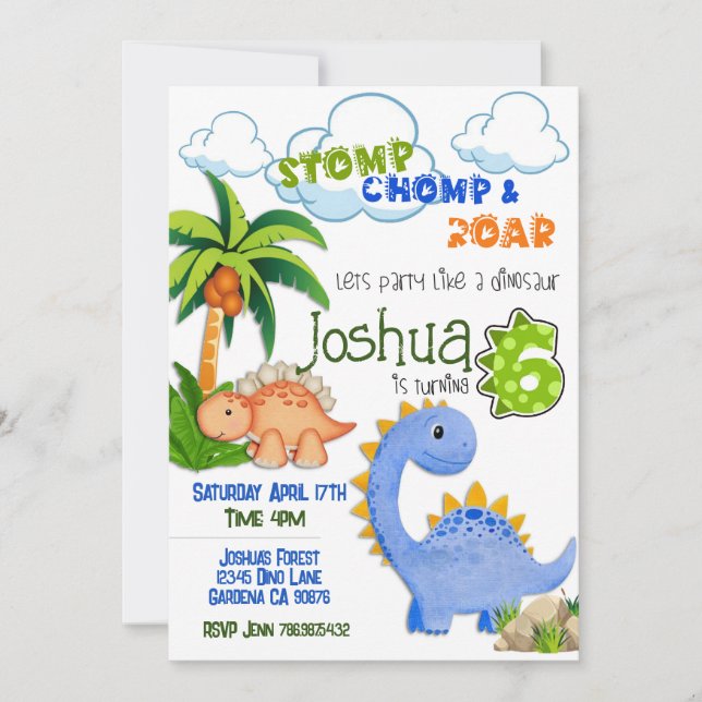 Dinosaur turning six birthday invitation (Front)