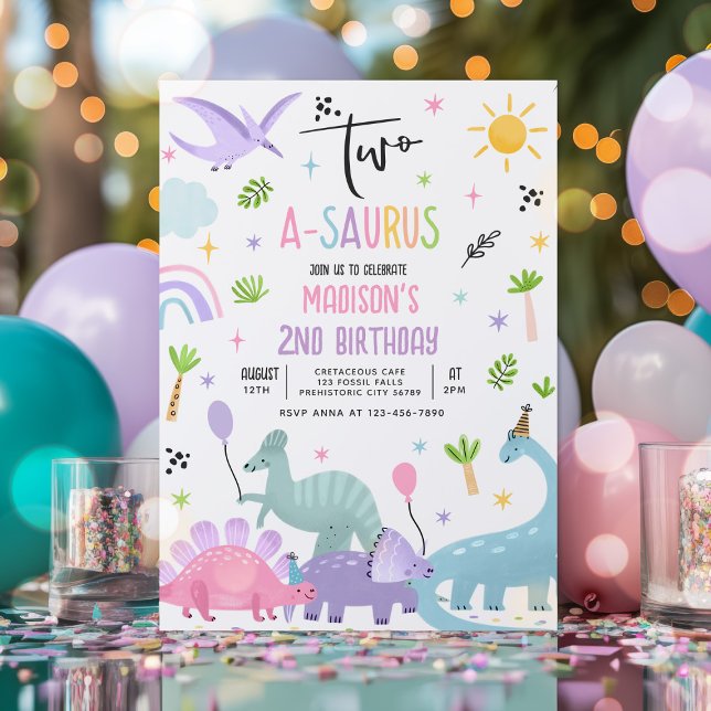 Dinosaur Two-A-Saurs Pink T-Rex 2nd Birthday Party Invitation (Creator Uploaded)