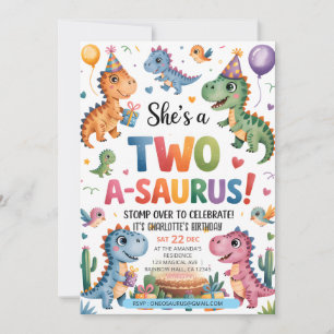 Dinosaur Two A-Saurus 2nd Birthday Party T-Rex Invitation