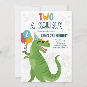 Dinosaur Two A-Saurus 2nd Birthday Party T-Rex Invitation
