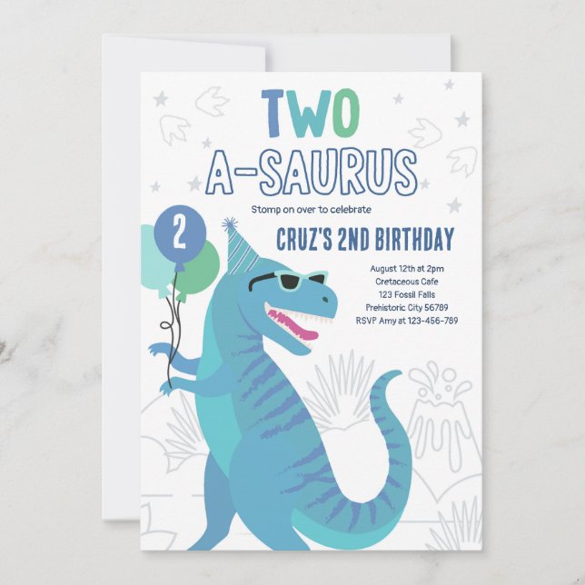 Dinosaur Two A-Saurus 2nd Birthday Party T-Rex  Invitation (Front)
