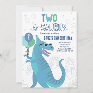 Dinosaur Two A-Saurus 2nd Birthday Party T-Rex Invitation