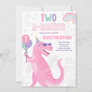 Dinosaur Two A-Saurus 2nd Birthday Party T-Rex Invitation