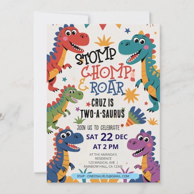 Dinosaur Two A-Saurus 2nd Birthday Party T-Rex Invitation (Front)