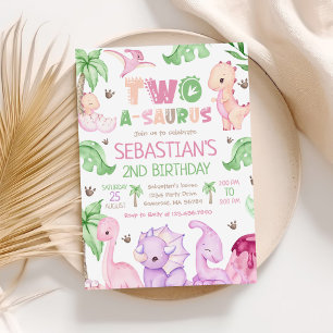 Dinosaur Two-A-Saurus Girl 2nd Birthday Party Invitation
