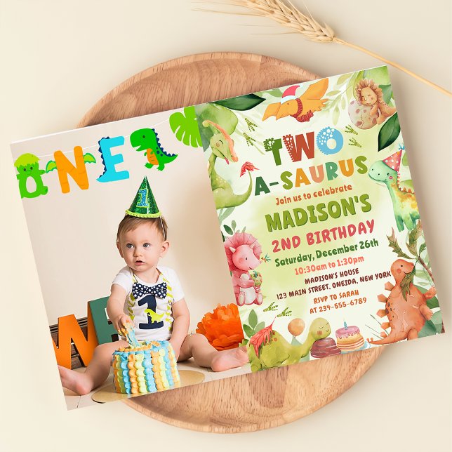 Dinosaur  Two-A-Saurus Greenery 2nd Birthday Photo Invitation (Creator Uploaded)