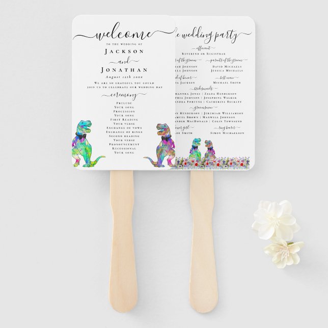 Dinosaur Two Grooms Gay Wedding Ceremony Hand Fan (Front and Back)