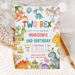 Dinosaur Two Rex 2nd Birthday Party Invitation