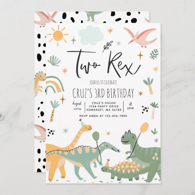 Dinosaur Two Rex 2nd Birthday Party Invitation (Front/Back)