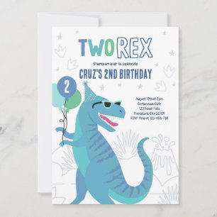 Dinosaur Two Rex 2nd Birthday Party T-Rex Invitation