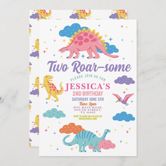 Dinosaur Two Rex Cute Girls 2nd Pink Party Invitation (Front/Back)