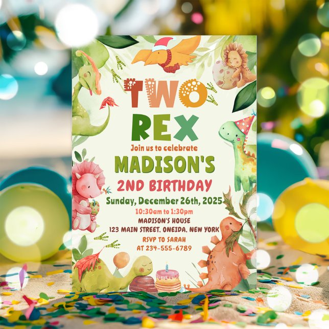 Dinosaur Two Rex Greenery 2nd Birthday Invitation (Creator Uploaded)