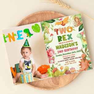 Dinosaur Two Rex Greenery 2nd Birthday Photo Invitation
