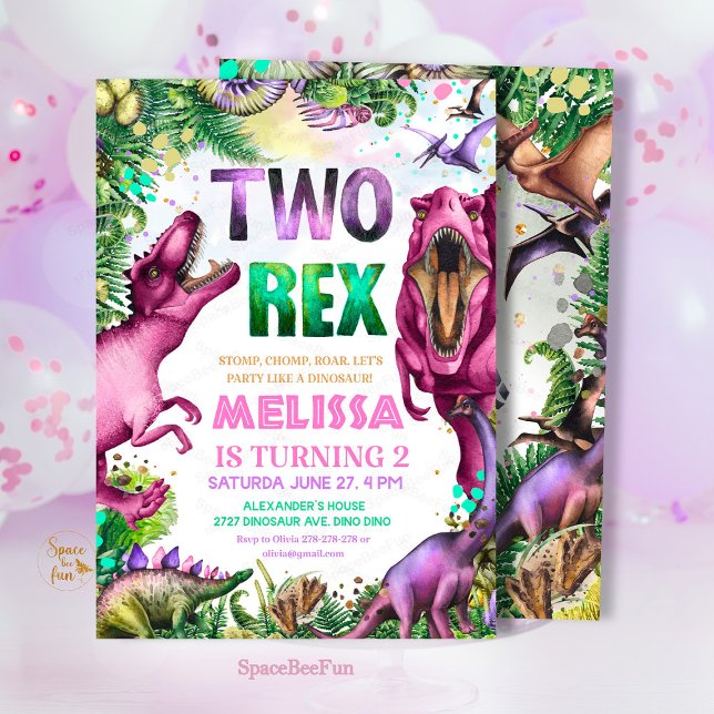 Dinosaur TWO Rex Invitation  Dinosaur Party birthd (Dinosaur TWO Rex Invitation, Girl Dinosaur Party,birthday invitation Dino,Tropical Two rex birthday,)