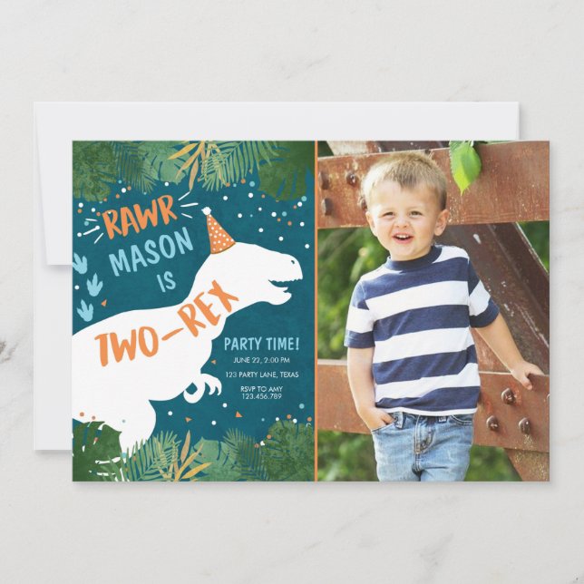 Dinosaur Two-Rex T-Rex RAWR 2nd Second Birthday Invitation (Front)