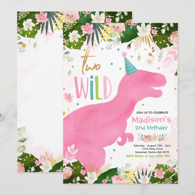 Dinosaur Two Wild Birthday Pink Dinosaur Birthday Invitation (Front/Back)