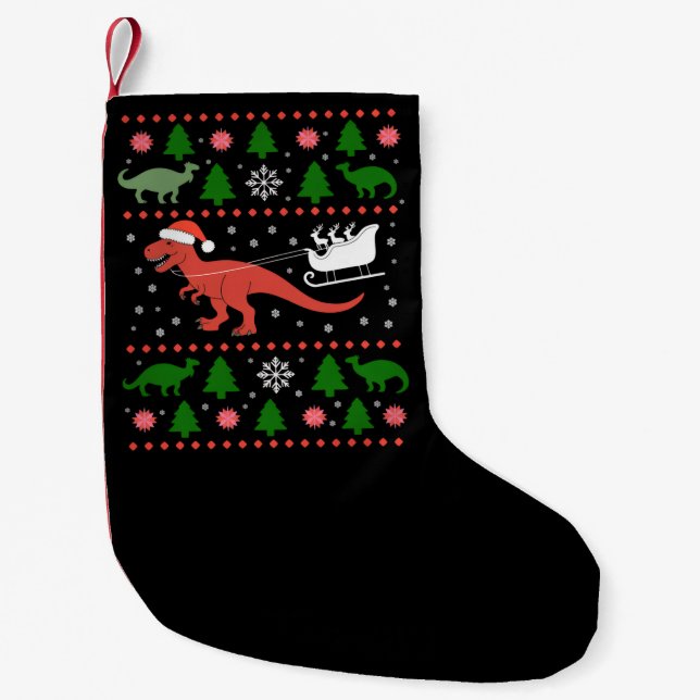 Dinosaur Ugly Christmas Sweater Dino T-rex  Small Christmas Stocking (Front)