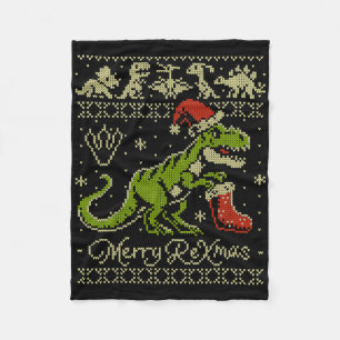 Dinosaur Ugly Christmas Sweater - Funny Christmas  Fleece Blanket