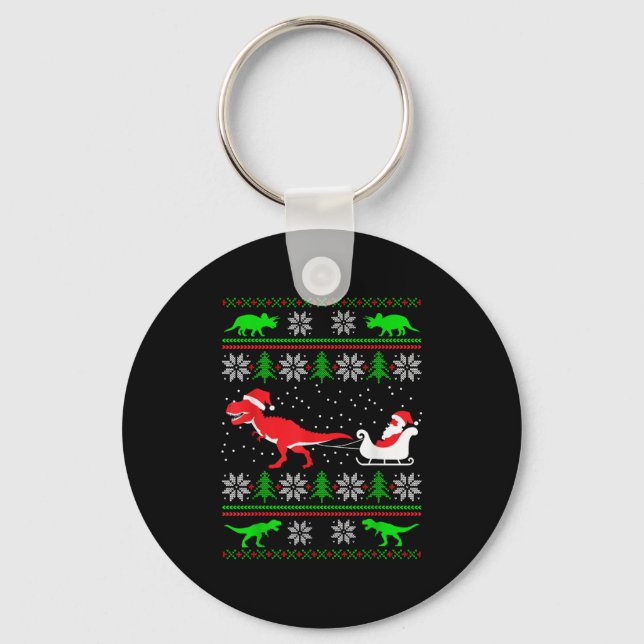 Dinosaur Ugly Christmas Sweater Funny Christmas  Key Ring (Front)
