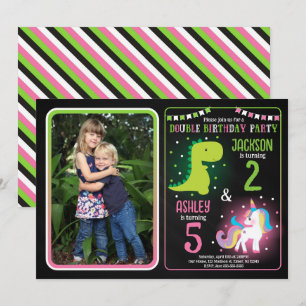 Dinosaur Unicorn Boy Girl Siblings Joint Birthday Invitation