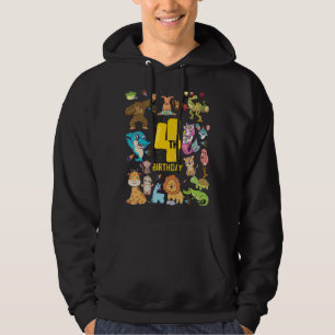 Dinosaur Unicorn Flamingo Llama 4 Year 4th Birthda Hoodie