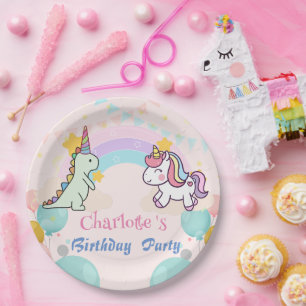 Dinosaur Unicorn rainbow gradient  birthday party  Paper Plate